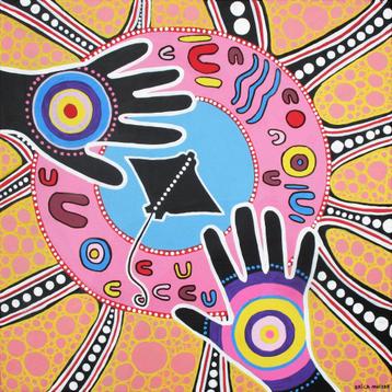 Prachtig abstract, vrolijk schilderij van handen beschikbaar voor biedingen