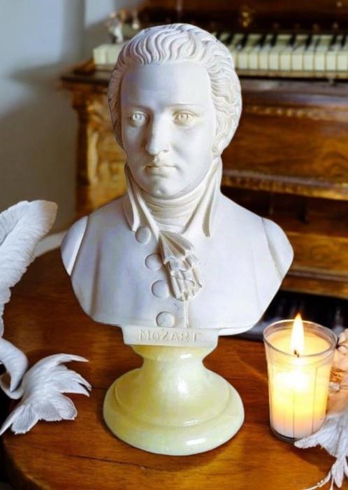 Gesigneerd componist buste Mozart borstbeeld op onyx steen, Antiek en Kunst, Kunst | Beelden en Houtsnijwerken, Verzenden