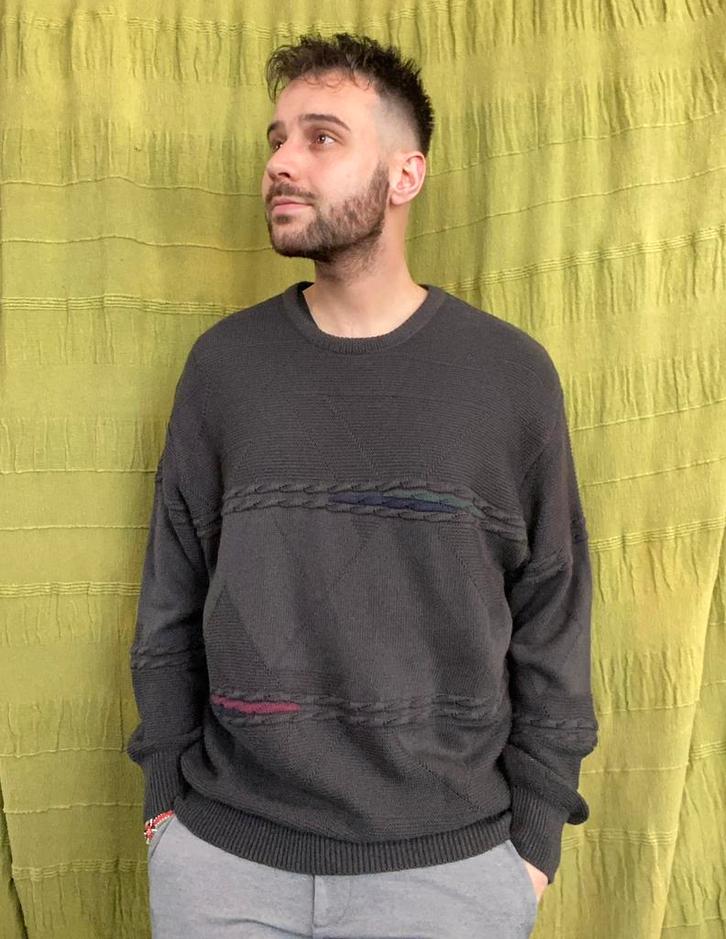 Vintage 90's trui / sweater / print / grijs / medium / M, Kleding | Heren, Truien en Vesten, Gedragen, Maat 48/50 (M), Grijs, Ophalen of Verzenden