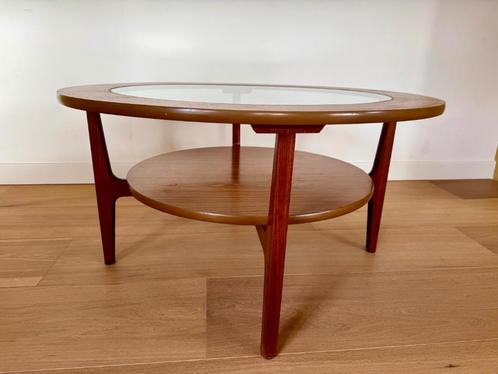 Ronde salontafel Schreiber met glas originele vintage staat, Huis en Inrichting, Tafels | Salontafels, Gebruikt, Minder dan 50 cm