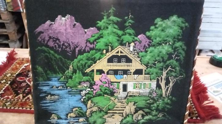 Textielpaneel chalet in natuur 45x39, Antiek en Kunst, Kunst | Schilderijen | Abstract, Ophalen of Verzenden