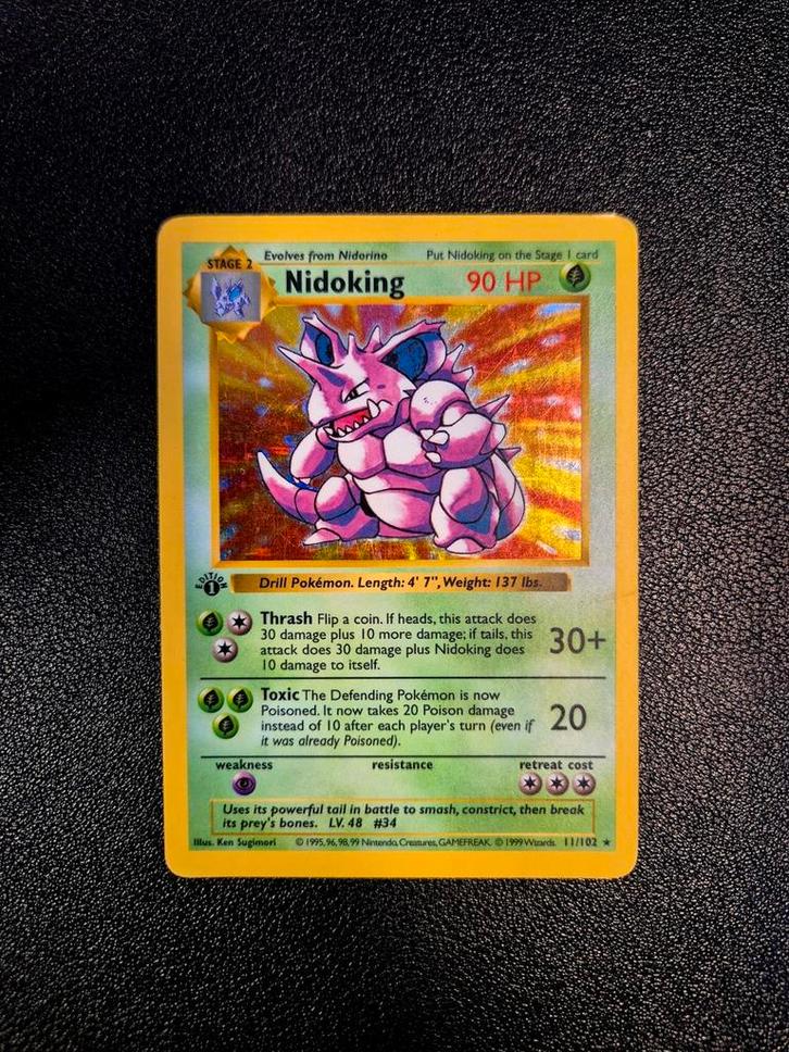 Nidoking 1st edition shadowless base set, Hobby en Vrije tijd, Verzamelkaartspellen | Pokémon, Zo goed als nieuw, Ophalen of Verzenden