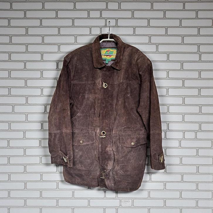 Vintage Jas Maat L Bruin Suède Leer Parka Houtje Touwtje, Kleding | Heren, Jassen | Winter, Gedragen, Maat 52/54 (L), Bruin, Verzenden