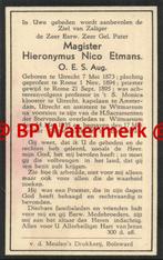 Etmans Hieronymus 1873 Utrecht 1935 Witmarsum Eindhoven prie, Verzamelen, Bidprentjes en Rouwkaarten, Bidprentje, Ophalen of Verzenden