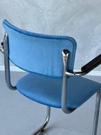 Tubax eetkamerstoel vintage sledestoel buisframe stoel blauw, Huis en Inrichting, Metaal, Gebruikt, Blauw, Vintage