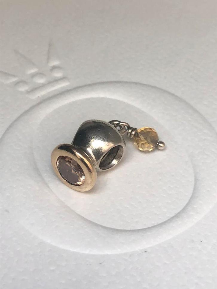 Pandora bedel met 14K goud en citrine steentje, Sieraden, Tassen en Uiterlijk, Bedels, Zo goed als nieuw, Pandora, Zilver, Ophalen