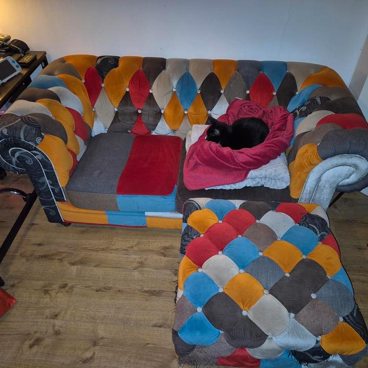 Jan Frantzen x Patched Chesterfield Bank, Huis en Inrichting, Banken | Sofa's en Chaises Longues, Gebruikt, 75 tot 100 cm, Leer