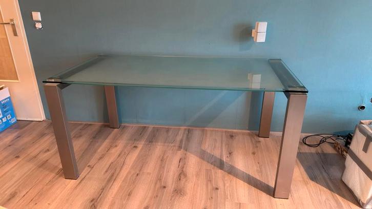 Glazen eettafel met RVS poten - 165x90cm, Huis en Inrichting, Tafels | Eettafels, Gebruikt, 50 tot 100 cm, 150 tot 200 cm, Vier personen