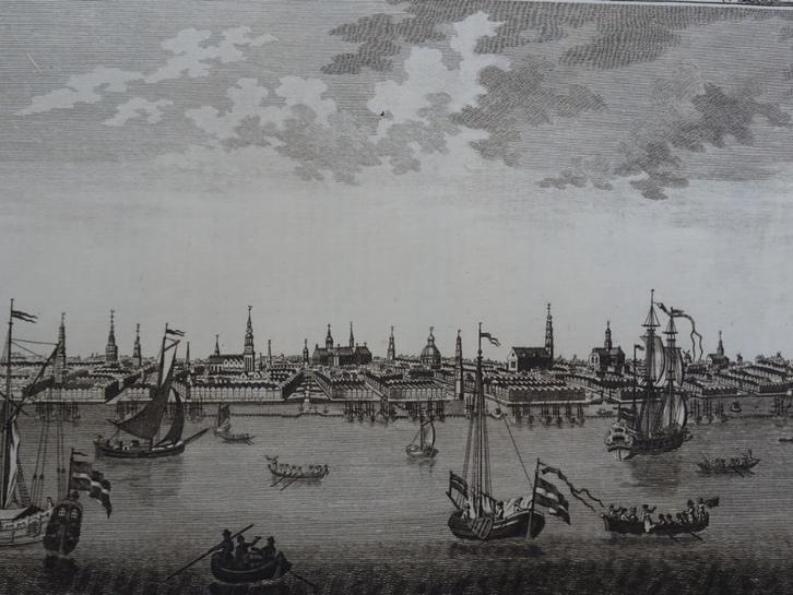Gravure Gezicht op Amsterdam door John Lodge 1782, Antiek en Kunst, Kunst | Etsen en Gravures, Verzenden