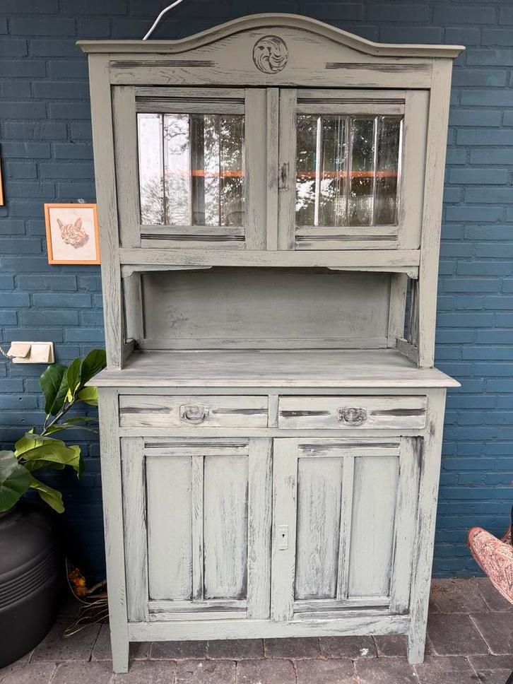 Gepimpte buffetkast met glas in lood, groene kast, Huis en Inrichting, Kasten | Buffetkasten, Gebruikt, 200 cm of meer, 100 tot 150 cm