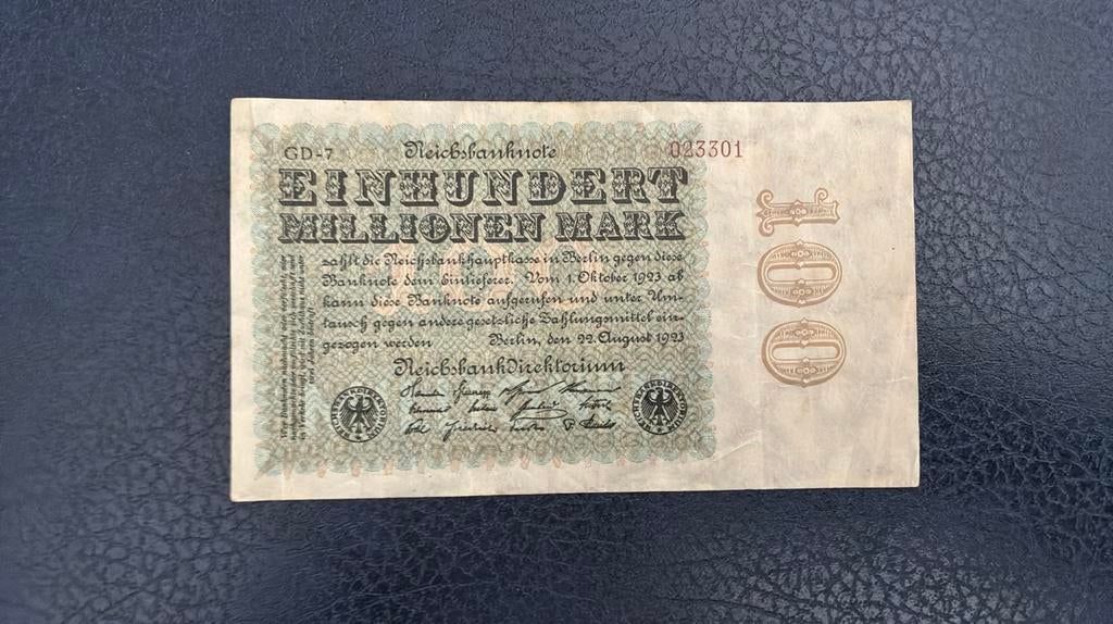 Duitsland 100 miljoen mark 1923, Postzegels en Munten, Bankbiljetten | Europa | Niet-Eurobiljetten, Ophalen of Verzenden, Duitsland