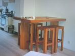 Teakhouten bartafel met 4 krukken, Huis en Inrichting, Gebruikt, Met voetsteun, Ophalen of Verzenden, 90 cm of meer