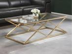Salon tafel goudkleurig onderstel met glazen blad, 50 tot 100 cm, 100 tot 150 cm, Rechthoekig, Zo goed als nieuw