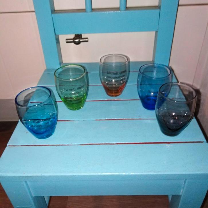 Gekleurde shotglaasjes met leuke spreuken 5 stuks, Verzamelen, Glas en Borrelglaasjes, Gebruikt, Overige typen, Ophalen