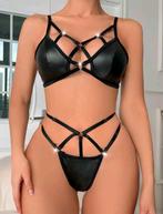 Zwarte PU sexy strepen lingerie set maat s en m, Verzenden, Zwart, Setje