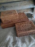 Drie houten doosjes met houtsnijwerk India stoer sober, Ophalen, Gebruikt