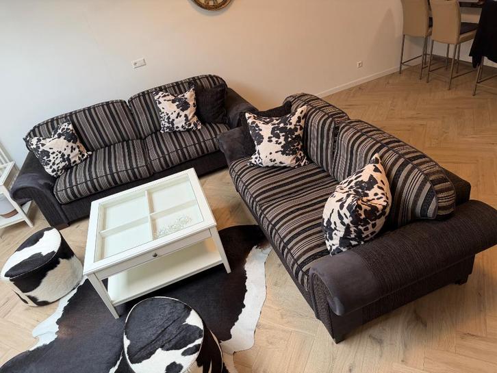 Bruine 2,5 + 3,5 zits design bankstel,Banken,Bankstellen., Huis en Inrichting, Banken | Bankstellen, Zo goed als nieuw, Rechte bank