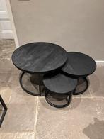 Livingfurn Salontafel set 3 tafels zwart hout industrieel, 50 tot 100 cm, Minder dan 50 cm, Industrieel, Rond