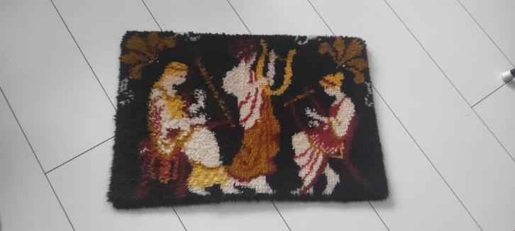 Vintage geknoopt wollen kleedje bruin geel wit, Huis en Inrichting, Woonaccessoires | Overige, Gebruikt, Ophalen of Verzenden