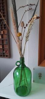 Vintage groen glazen fles vaas met oor & droogbloemen, Ophalen of Verzenden, Zo goed als nieuw