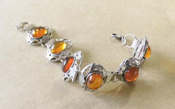 Zilveren schakelarmband met barnsteen, Sieraden, Tassen en Uiterlijk, Armbanden, Gebruikt, Zilver, Zilver, Ophalen of Verzenden