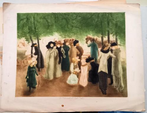 [ets aquatint] La Promenade d’Hyde Park Alfred(o) Muller, Antiek en Kunst, Kunst | Etsen en Gravures, Ophalen of Verzenden