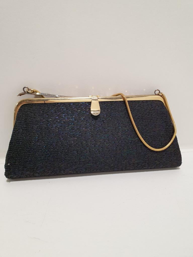 Vintage tasje jaren 50/60 met ketting, Gebruikt, ., Zwart, Ophalen of Verzenden