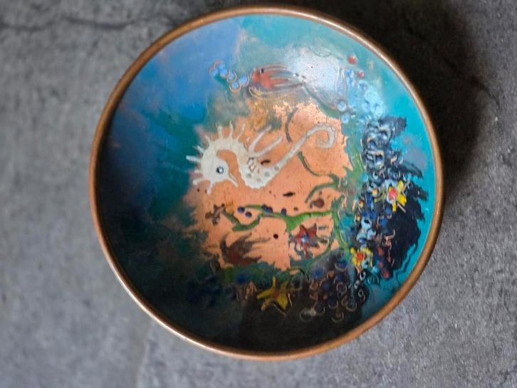 antieke handgeschilderde cloisonne messing zeepaardje schaal, Antiek en Kunst, Antiek | Schalen, Ophalen of Verzenden
