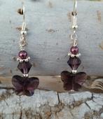 Nieuwe  écht zilveren oorbellen met paarse swarovski vlinder, Nieuw, Met kristal, Zilver, Hangers