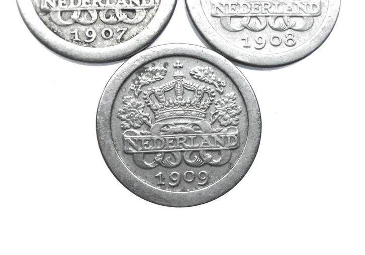 Nederland 5 cent 1907 - 1908 - 1909, Postzegels en Munten, Munten | Nederland, 5 cent, Koningin Wilhelmina, Ophalen of Verzenden