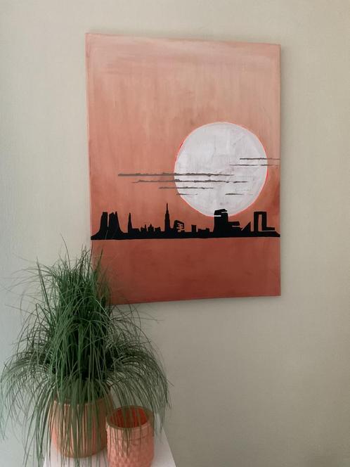 Schilderij 60x80 skyline groningen, Antiek en Kunst, Kunst | Schilderijen | Abstract, Ophalen of Verzenden
