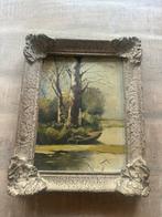 Olieverf schilderij landschap met boot in oude lijst, Ophalen of Verzenden