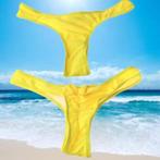 scrunch ribbel stringbroekje geel 38 met strikje (XL), Verzenden, Nieuw, Geel, Bikini