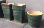Grote hoge vintage stenen bloempotten groen geglazuurde pot, Tuin en Terras, Bloempotten, 25 tot 40 cm, Gebruikt, Terracotta, Rechthoekig