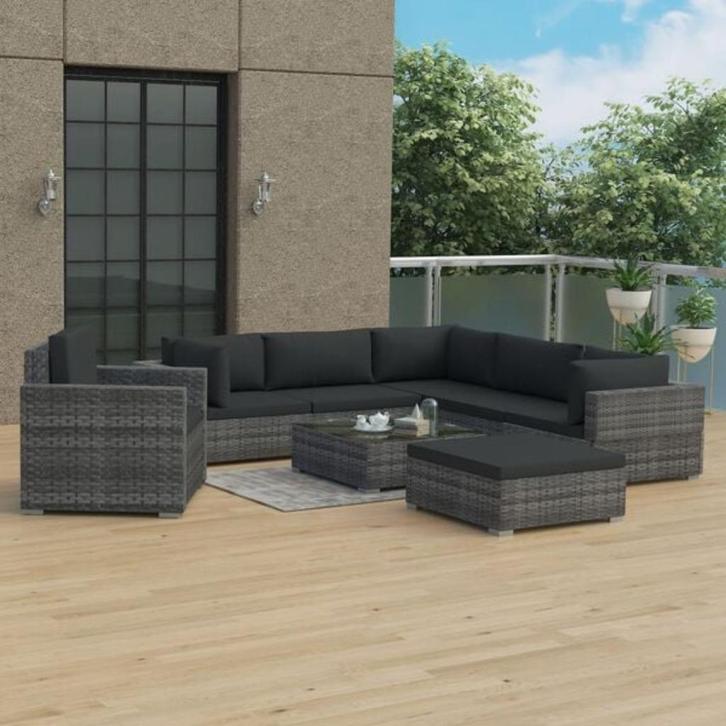 8-delige Loungeset met kussens poly rattan grijs, Tuin en Terras, Tuinsets en Loungesets, Nieuw, Kunststof, Bank, Ophalen of Verzenden