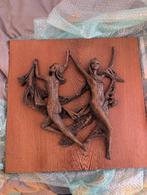 Vintage Houten Wanddecoratie met Bronzen Beelden - Jaren 70, Ophalen of Verzenden