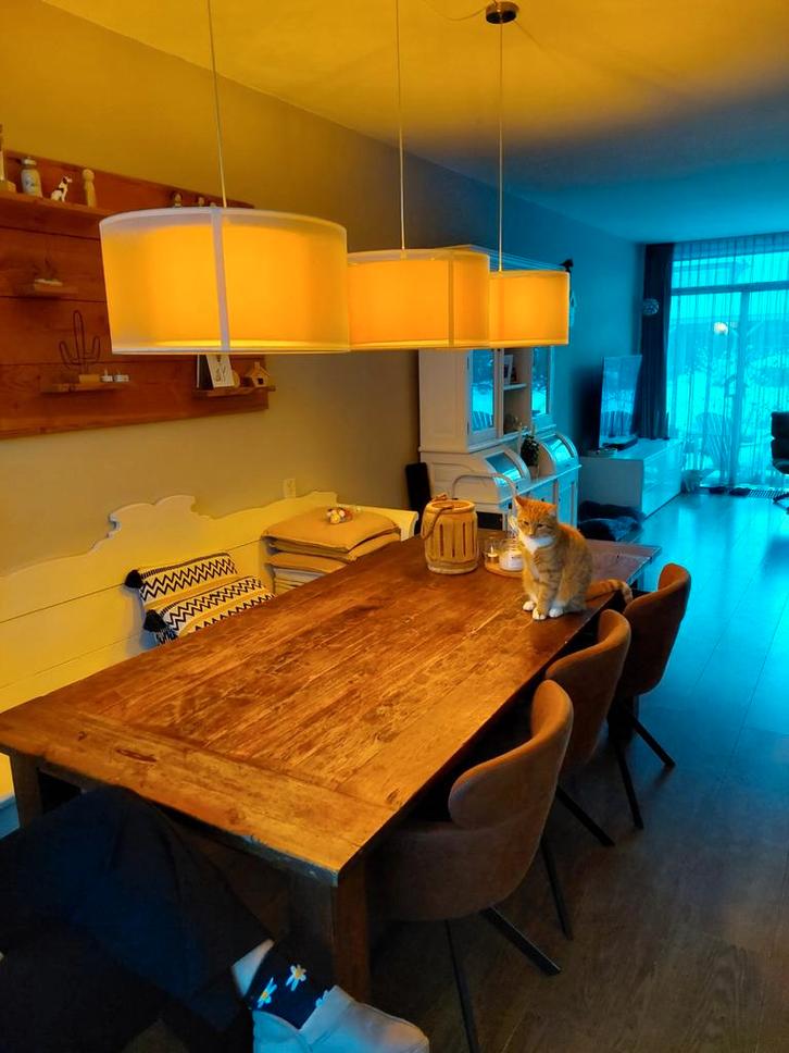 Hanglamp 3-delig voor eethoek, Huis en Inrichting, Lampen | Hanglampen, Gebruikt, 75 cm of meer, Metaal, Stof, Ophalen of Verzenden