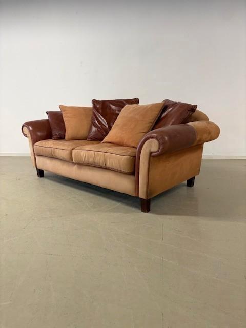 Engelse 2.5-zits bank in een combinatie van stof en leer, Huis en Inrichting, Fauteuils, Gebruikt, Stof, 75 tot 100 cm, Ophalen