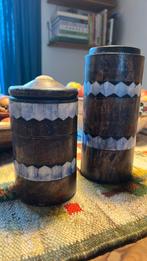 Vintage tribal art houten potten ingelegd met parelmoer been, Ophalen of Verzenden, Zo goed als nieuw