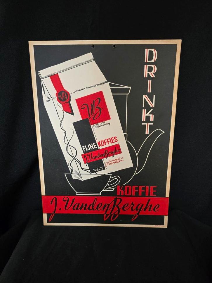 Antiek reclame affiche - plaat;  koffie J. VandenBerghe, Verzamelen, Merken en Reclamevoorwerpen, Zo goed als nieuw, Reclamebord