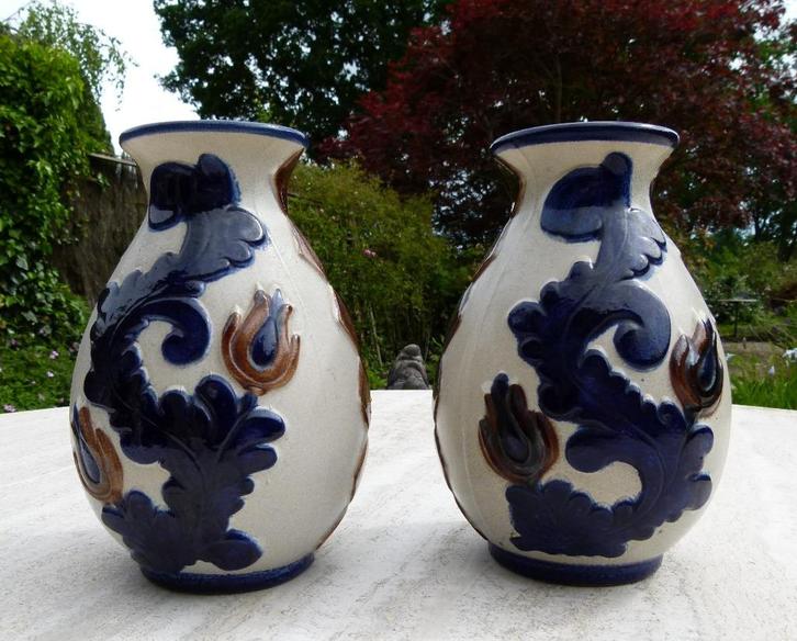 Knodgen Edel Keramik 2 x Vaas 1480 20 Grijs / Blauw / Bruin, Antiek en Kunst, Antiek | Vazen, Ophalen of Verzenden