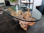 Olijfboom Salontafel met dikke glasplaat, Huis en Inrichting, Tafels | Salontafels, Ophalen, Uniek, 100 tot 150 cm, 50 tot 100 cm