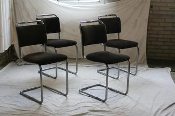 4 Vintage Gispen 101 Jaren '30 Stoelen Donkerbruin Corduroy beschikbaar voor biedingen