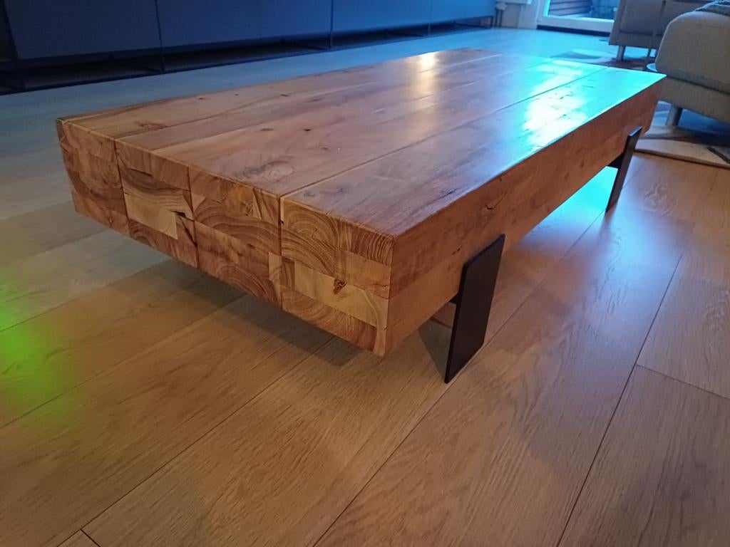 Salontafel massief acacia naturel hout met stalen poten, Ophalen, 100 tot 150 cm, Eikenhout, 50 tot 100 cm
