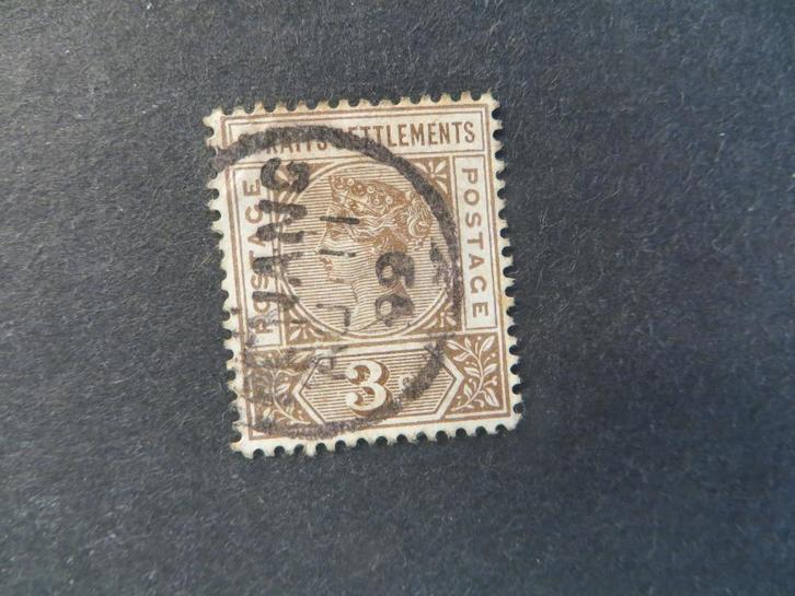A09796: Straits Settlements QV 3 c CA, Postzegels en Munten, Postzegels | Azië, Oost-Azië, Ophalen of Verzenden