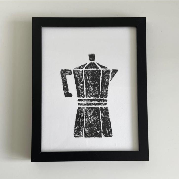 Schilderijtje Koffiepercolator - inktafdruk Lino - handmade., Huis en Inrichting, Woonaccessoires | Schilderijen, Tekeningen en Foto's