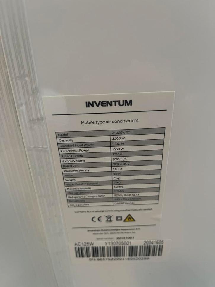 Inventum AC125W Mobiele Airco, Witgoed en Apparatuur, Airco's, Zo goed als nieuw, Mobiele airco, 60 tot 100 m³, 3 snelheden of meer