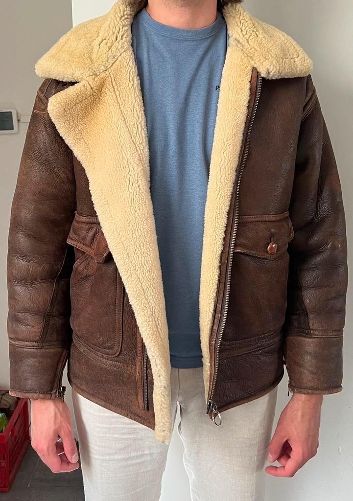 Bruine Vintage Shearling Jas - Maat L, Kleding | Heren, Jassen | Winter, Gedragen, Maat 52/54 (L), Bruin, Ophalen of Verzenden