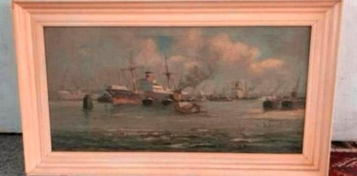 Schilderij haven gezicht rotterdam schilder Adri Verveen., Antiek en Kunst, Kunst | Schilderijen | Klassiek, Ophalen of Verzenden