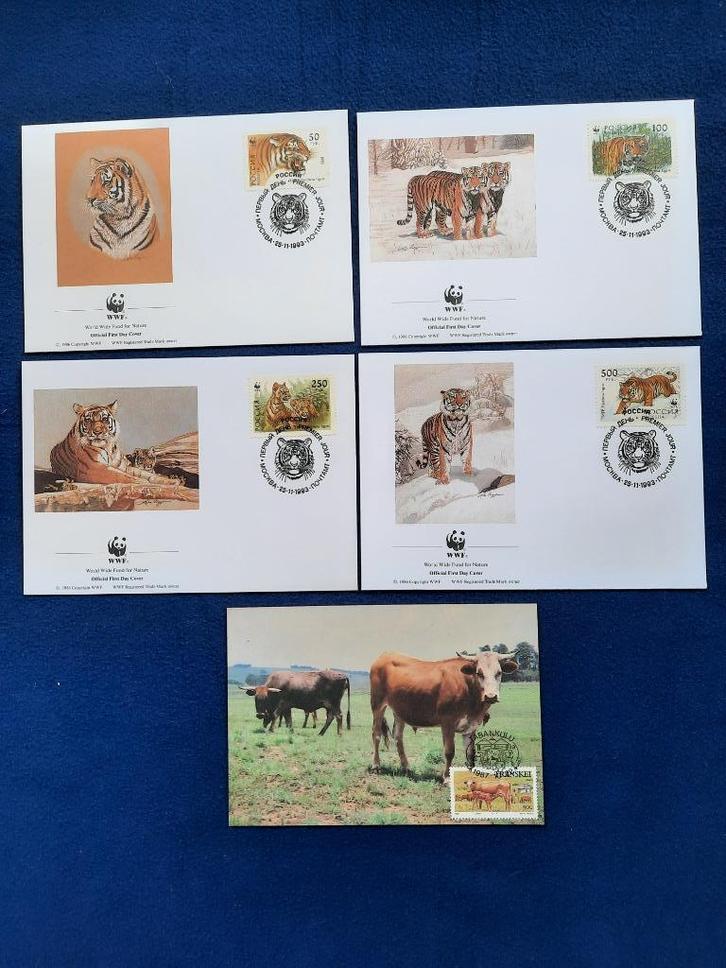 4 met dierenzegels gefrankeerde WWF enveloppen en 1 ansichtk, Verzamelen, Ansichtkaarten | Dieren, Ongelopen, 1980 tot heden, Overige soorten